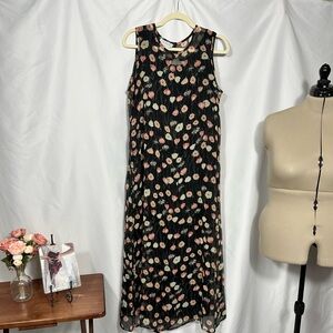 Viintage 90's Dark Floral Sleeveless Sheath Dress Waist Tie Grunge Dark Fairy
